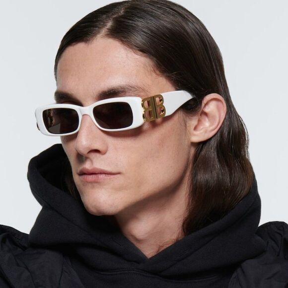 NEW Balenciaga  BB0096S 011 White Gold Logo Grey Square Unisex Sunglasses - Picture 1 of 14
